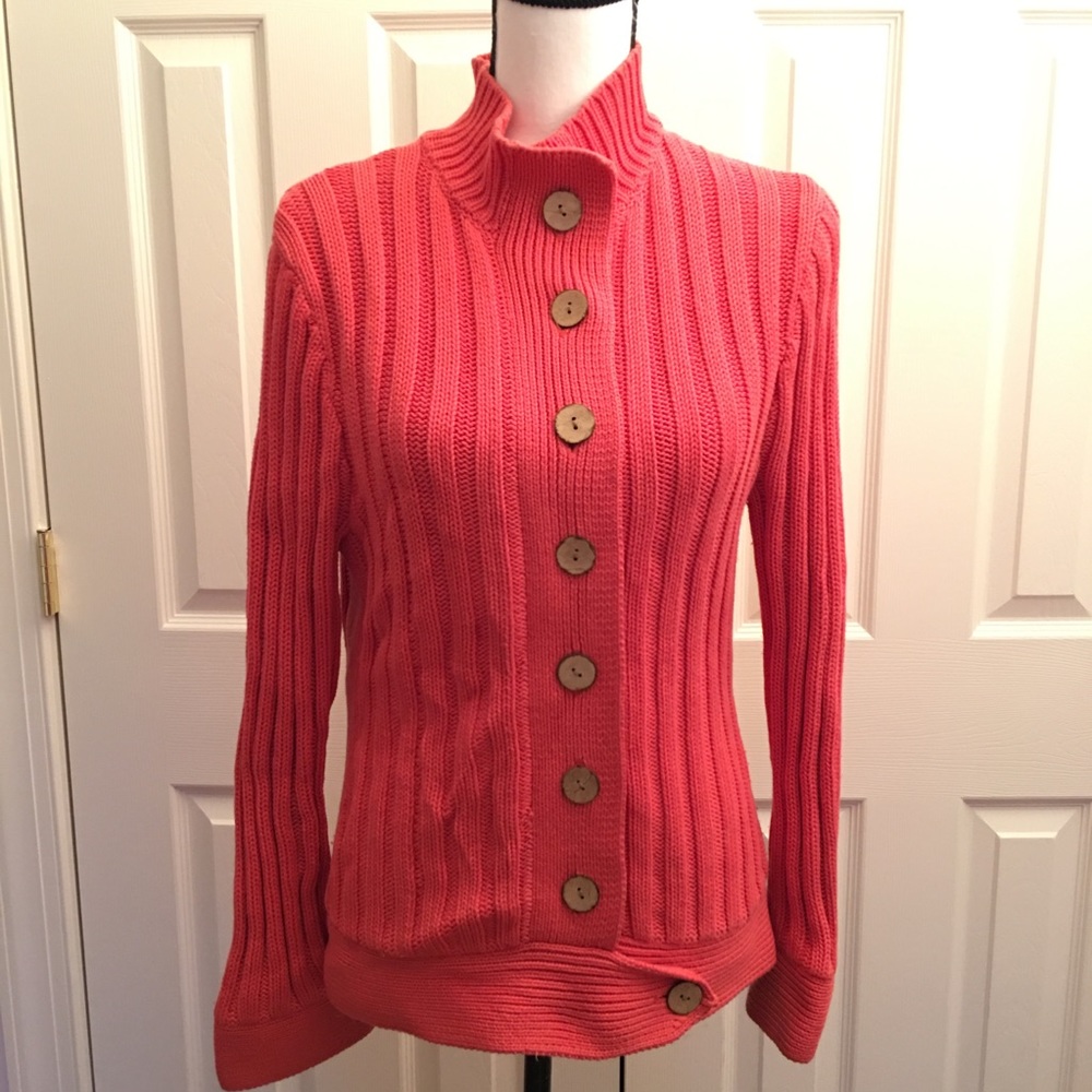 Kenji funnel neck cotton cardigan sweater coral